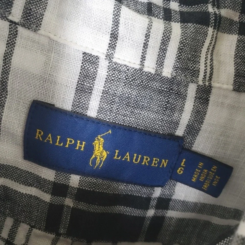 Ralph Lauren Black White Plaid Slub Linen Shirt Button Down Long Sleeve Youth Lg